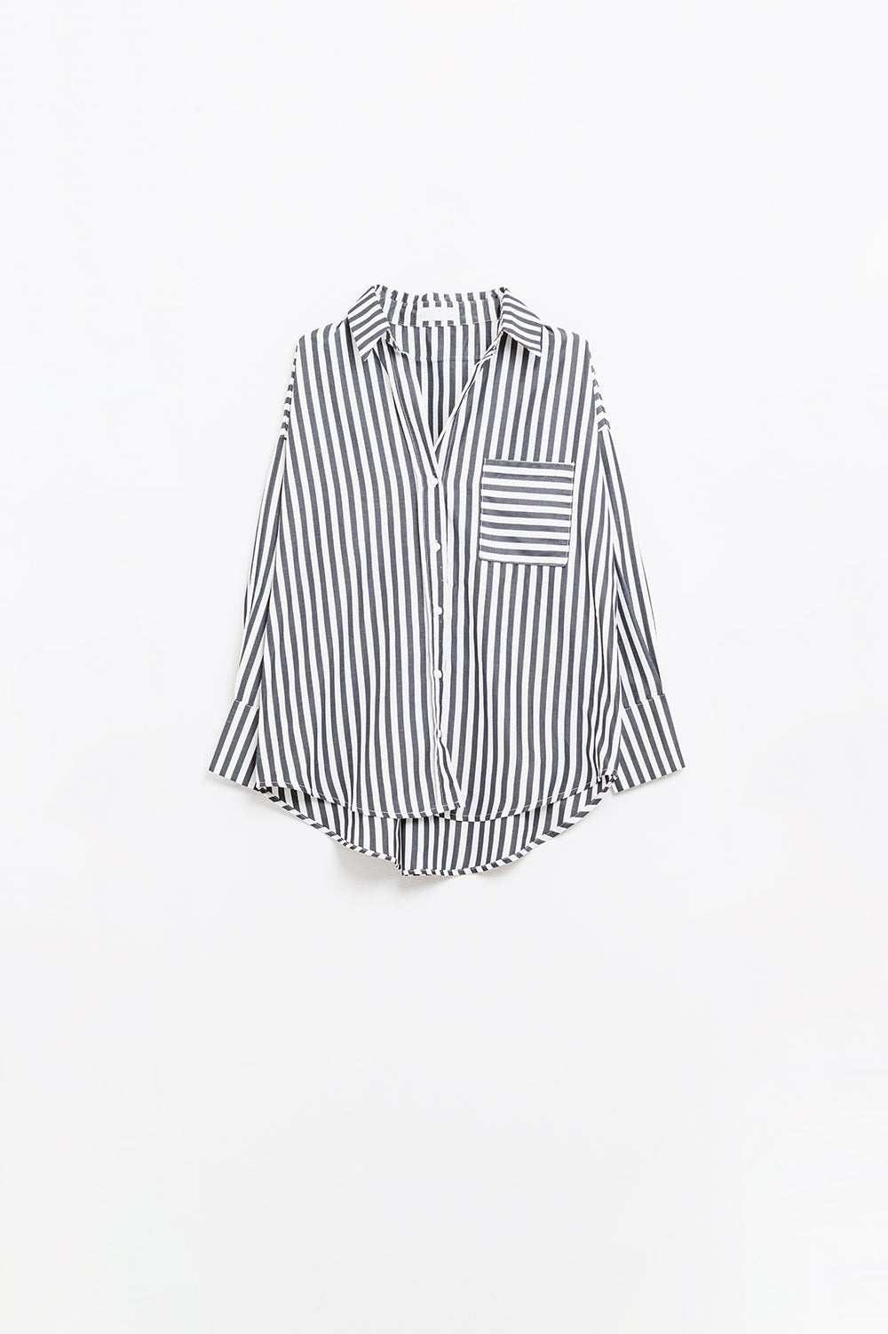 Poplin shirt with vertical stripes in black and chest pocket