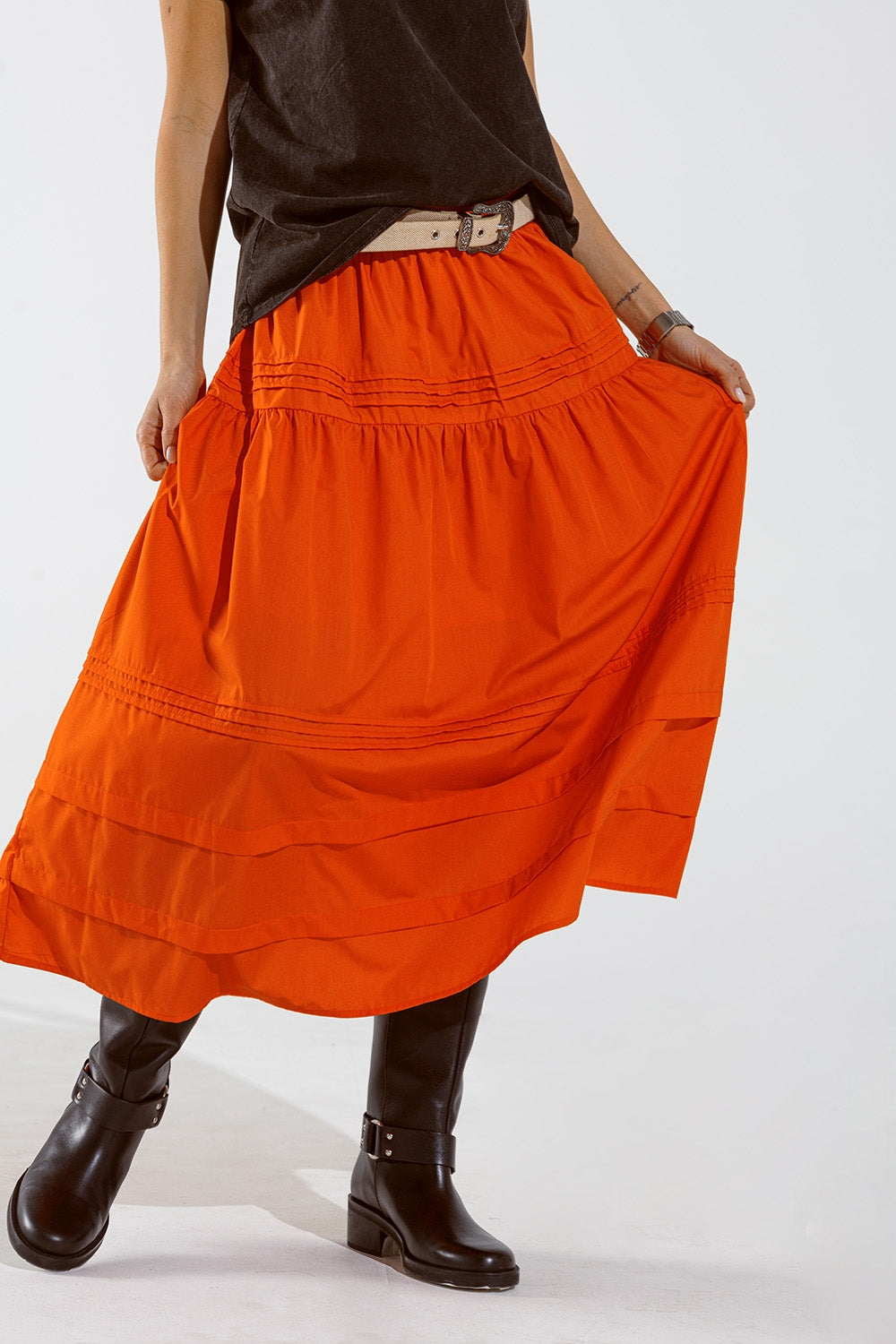 Poplin tiered maxi skirt with stitching details in orange