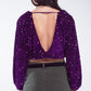 Purple sequin top with V-Neckline ballon sleeves and Open Back