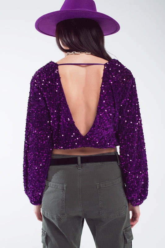 Purple sequin top with V-Neckline ballon sleeves and Open Back