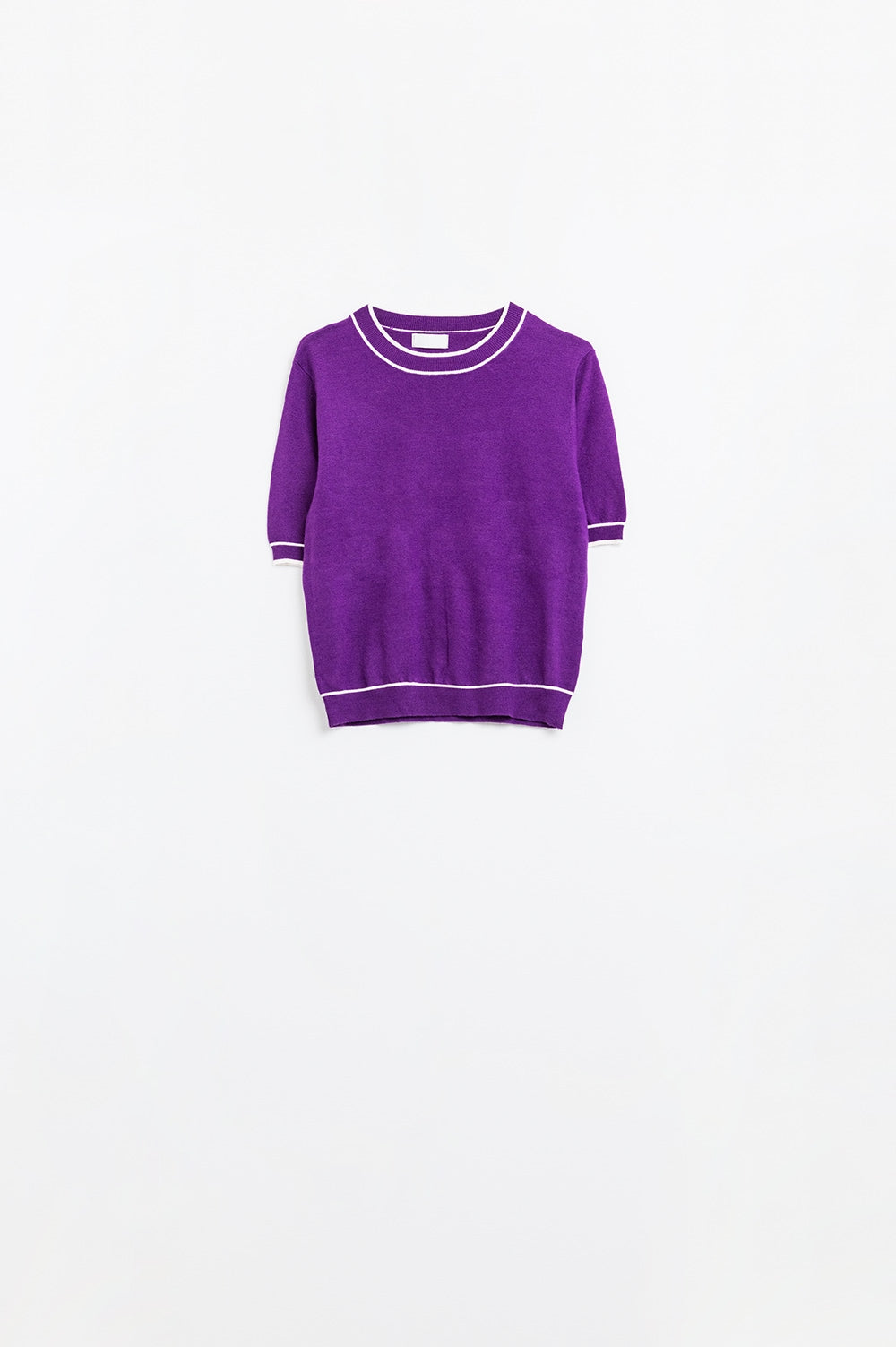 Q2 Purple short sleeve sweater with white line detail