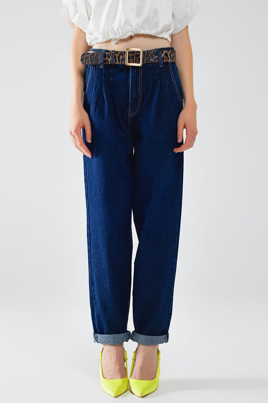 Q2 Raw Blue Mom Jeans With Pleated Detail