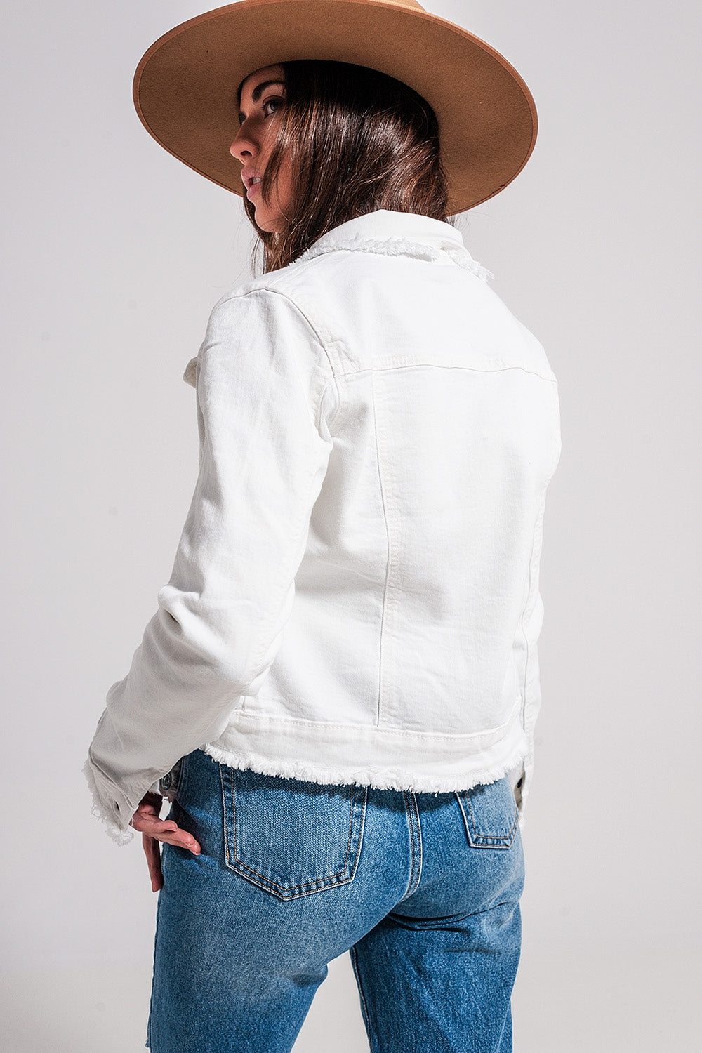 Raw edge denim jacket in white