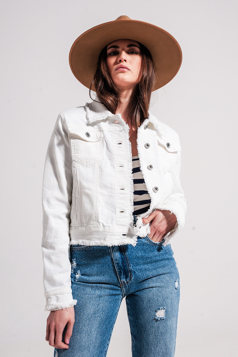 Raw edge denim jacket in white