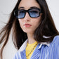 Rectangular Black Frame Sunglasses With Blue Lenses