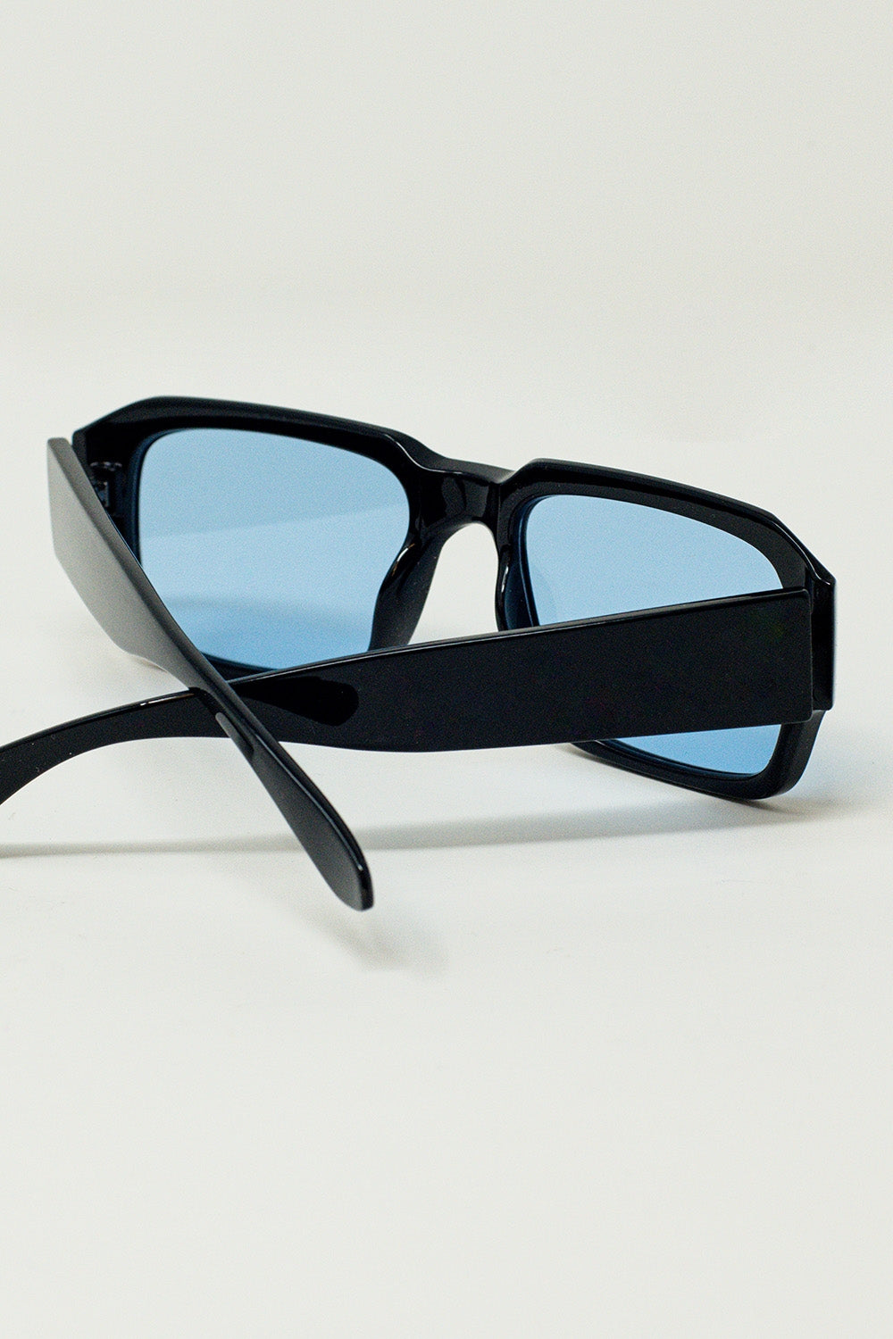 Rectangular Black Frame Sunglasses With Blue Lenses