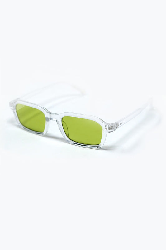 Rectangular Thick Acetate Clear Frame Sunglasses  With Green Smoke Lense
