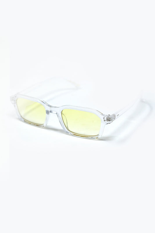 Rectangular Thick Acetate Clear Frame Sunglasses  With Yellow Smoke Lense