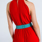 Red Jumpsuit With Crossed Halter Neckline