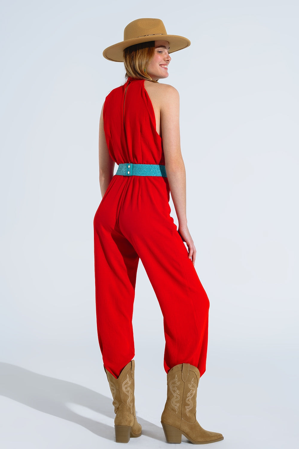 Red Jumpsuit With Crossed Halter Neckline