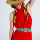 Red Jumpsuit With Crossed Halter Neckline