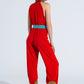 Red Jumpsuit With Crossed Halter Neckline