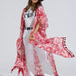 Q2 Red Long Kimono With Drawstring Closing in Tribal Print