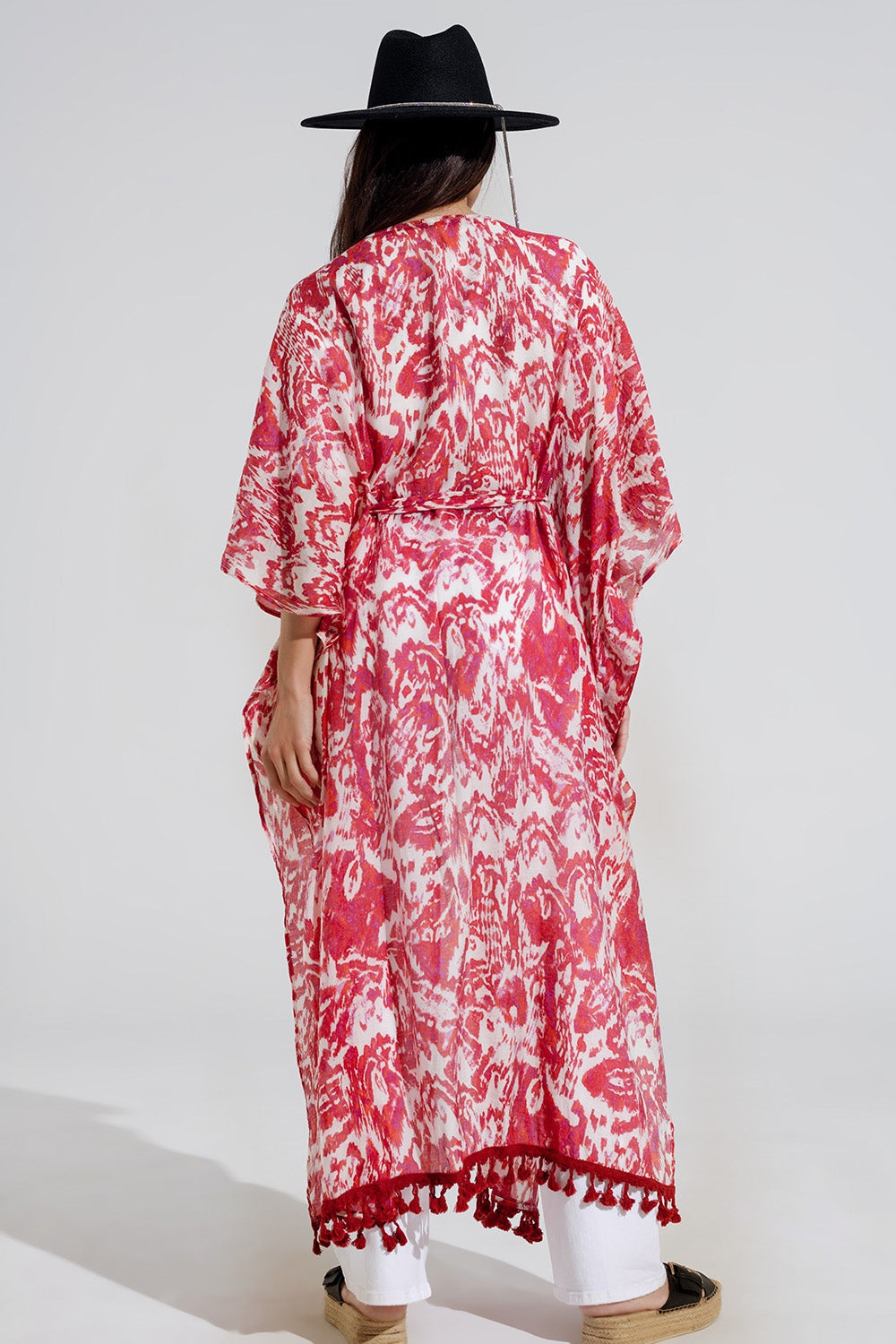 Red Long Kimono With Drawstring Closing in Tribal Print