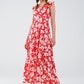 Q2 Red maxi dress with floral print and V-neck