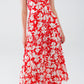 Red maxi dress with floral print and V-neck