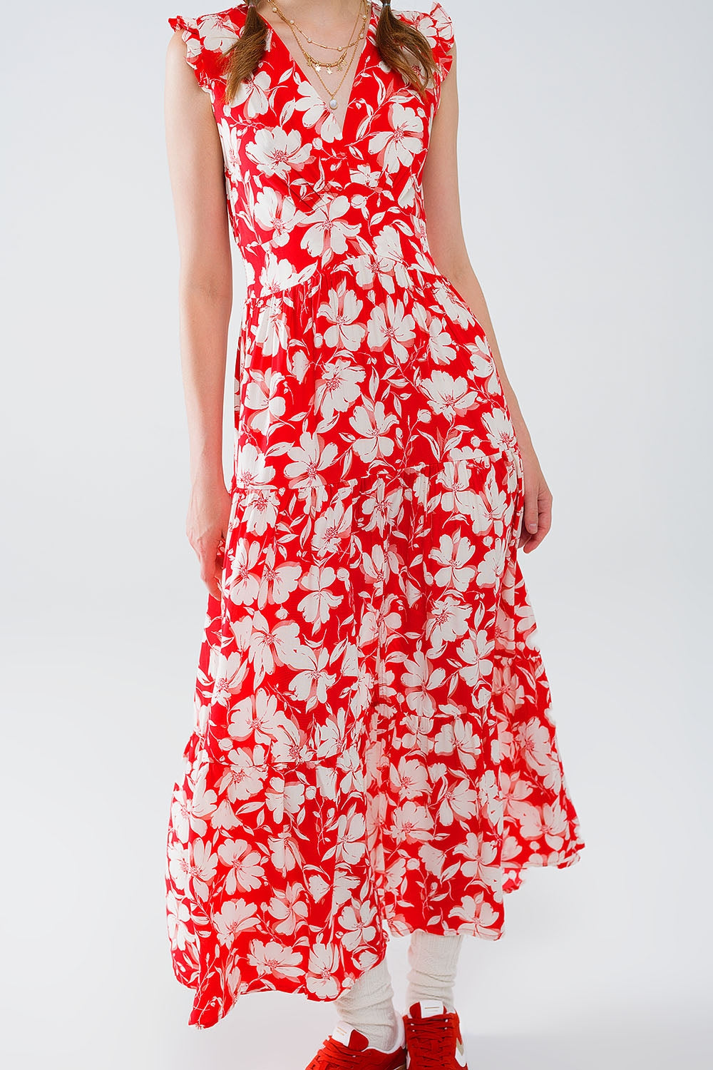 Red maxi dress with floral print and V-neck