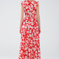 Red maxi dress with floral print and V-neck