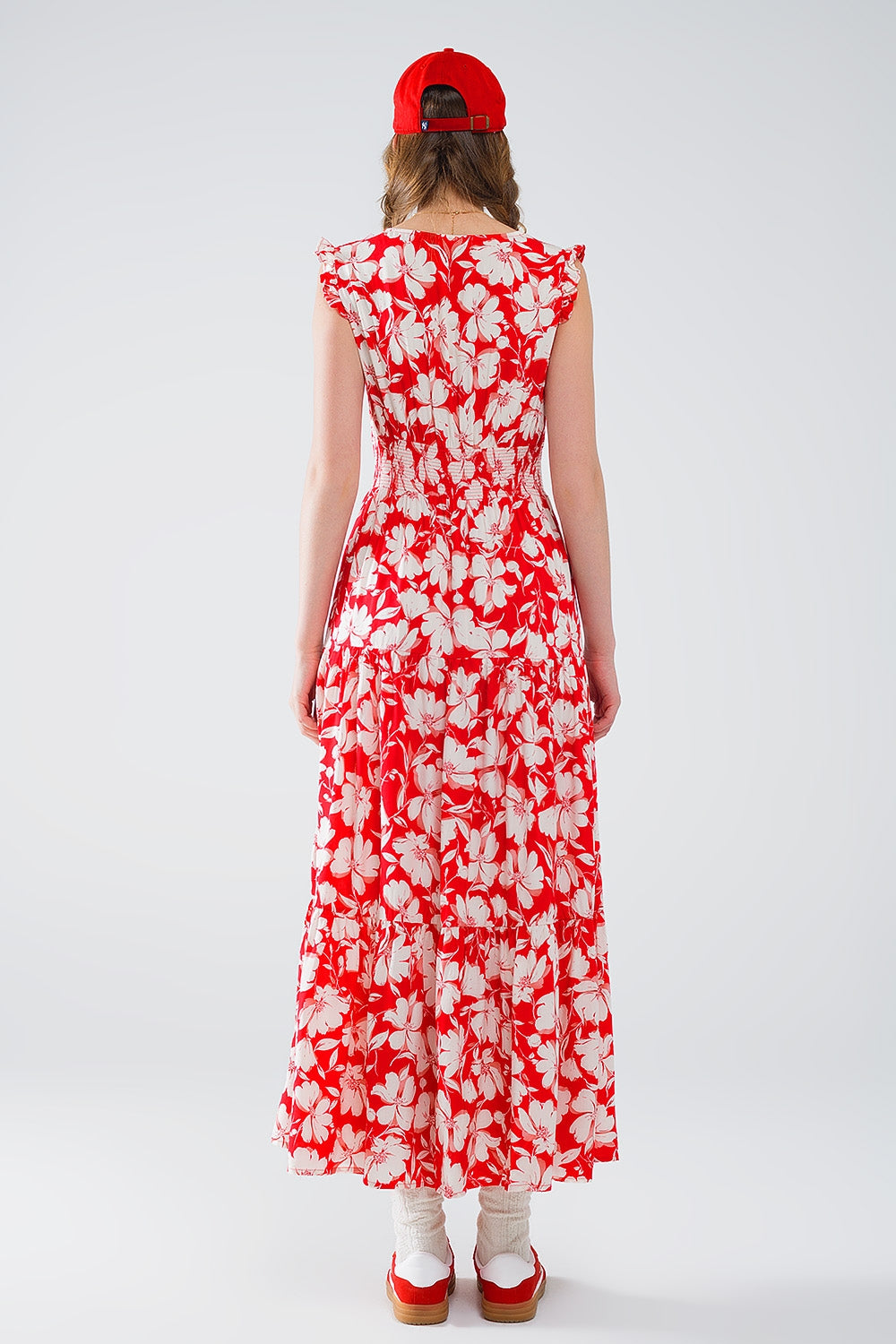 Red maxi dress with floral print and V-neck