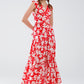 Red maxi dress with floral print and V-neck