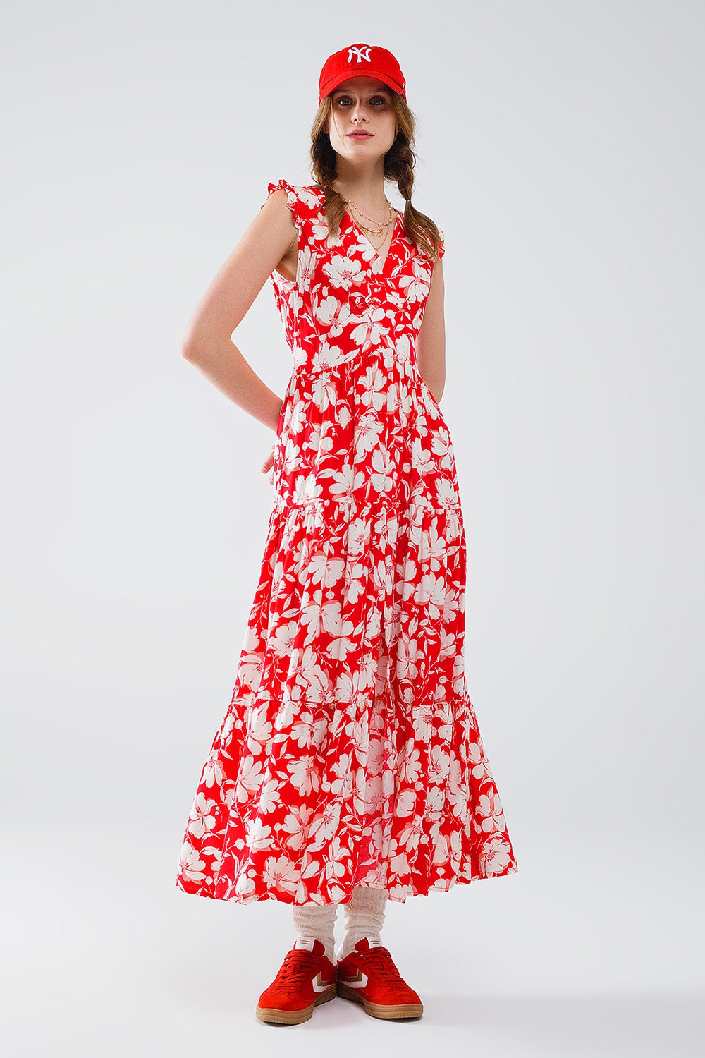 Red maxi dress with floral print and V-neck