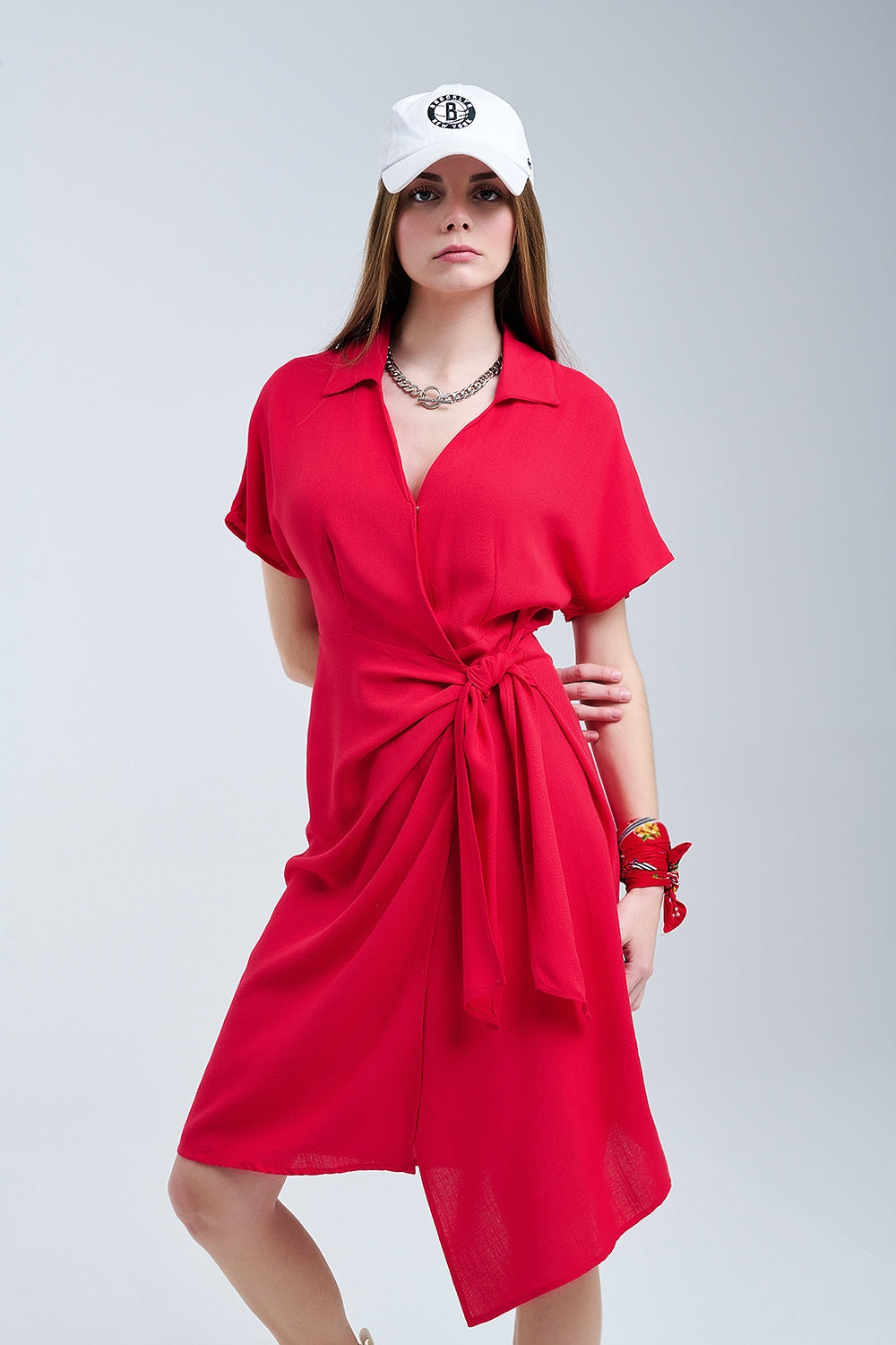 Q2 Red Midi Dress With Bow At The Side