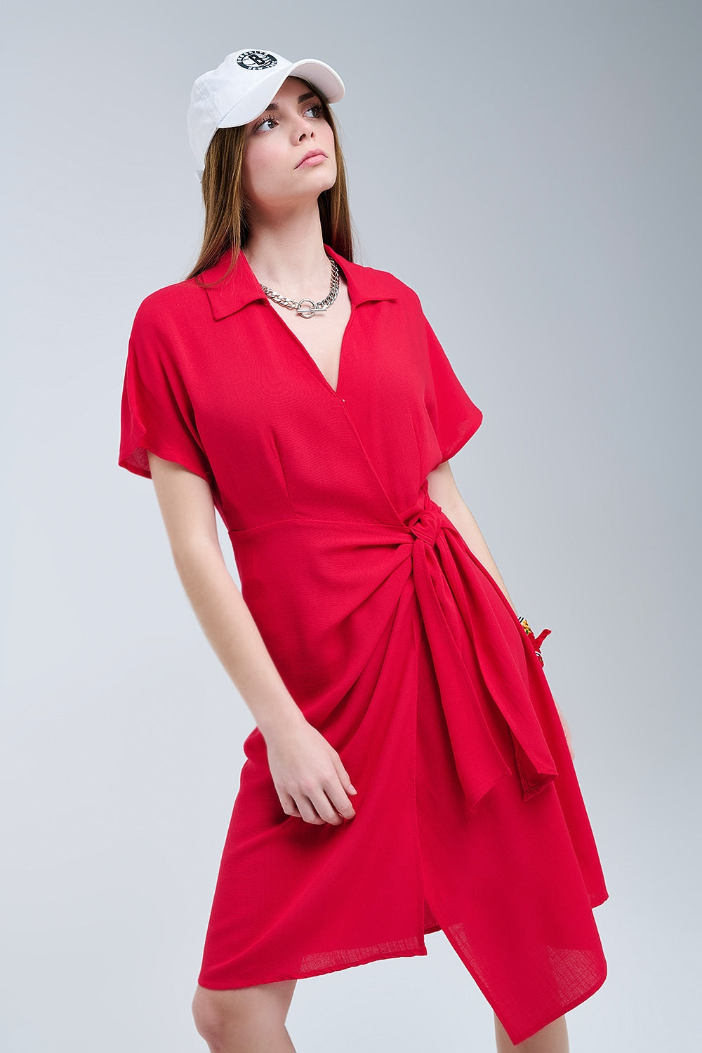 Red Midi Dress With Bow At The Side