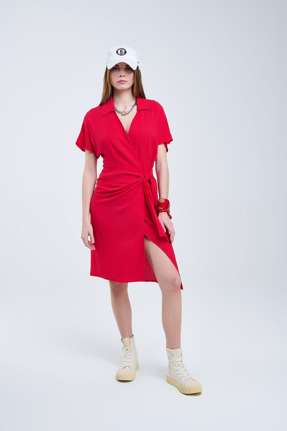 Red Midi Dress With Bow At The Side