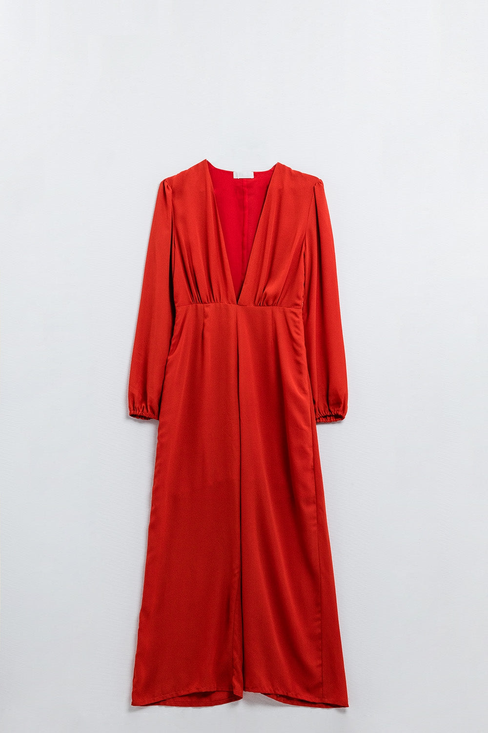 Q2 Red satin jumpsuit with V-neck