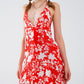 Red Short Boho flower print dress with lurex detail