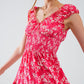 Red Short dress With White Floral Print And Elastic Waist