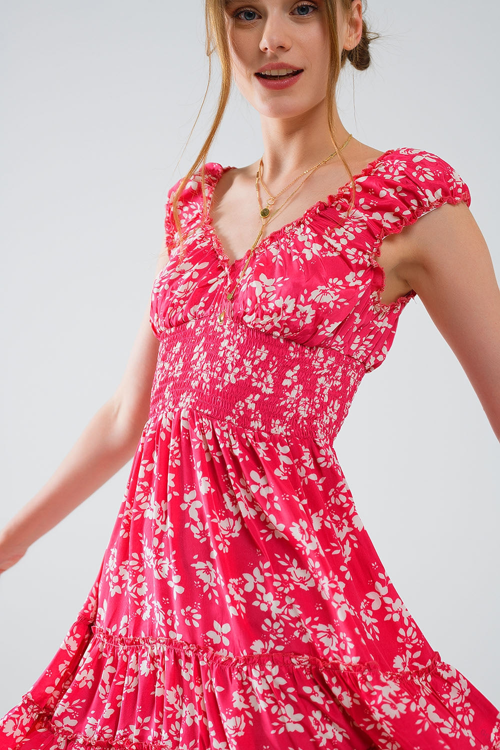 Red Short dress With White Floral Print And Elastic Waist