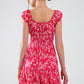 Red Short dress With White Floral Print And Elastic Waist