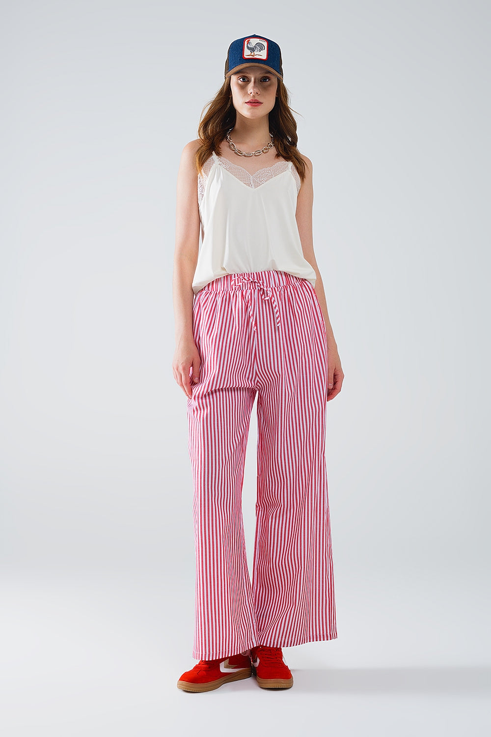 Red Striped Pants with Elastic Waist and Pockets