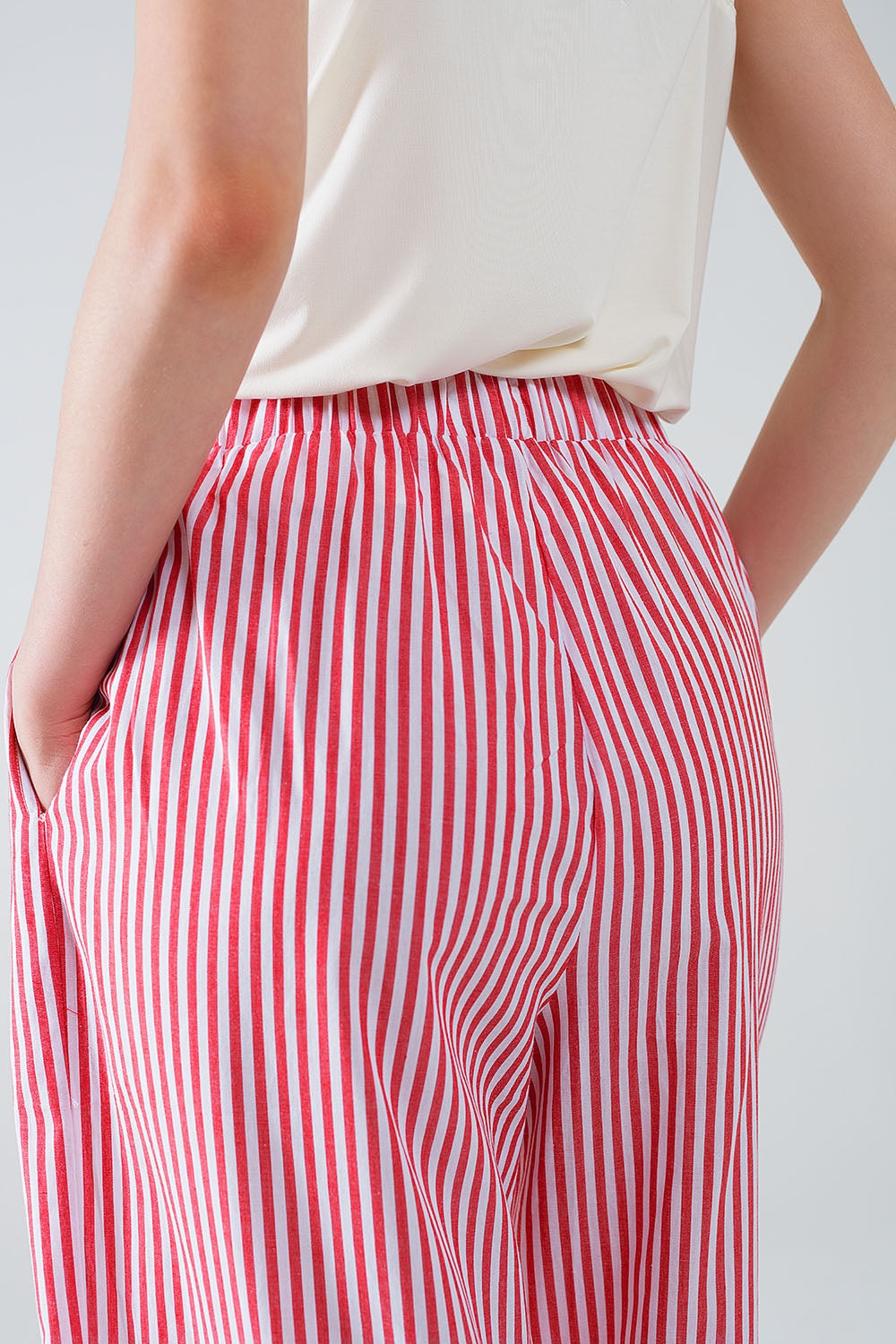 Red Striped Pants with Elastic Waist and Pockets