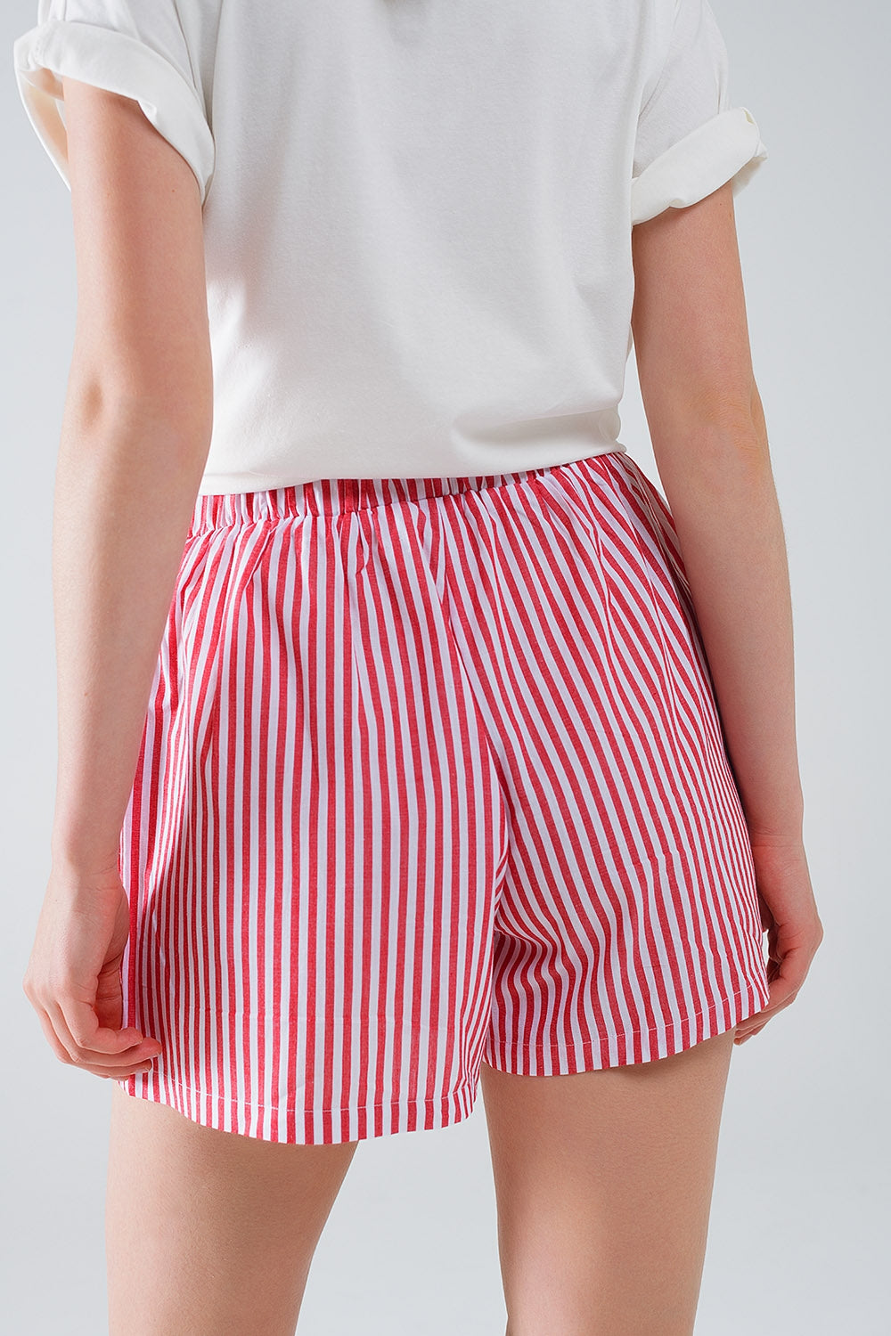 Red Striped Shorts with Elastic Waist and Pockets