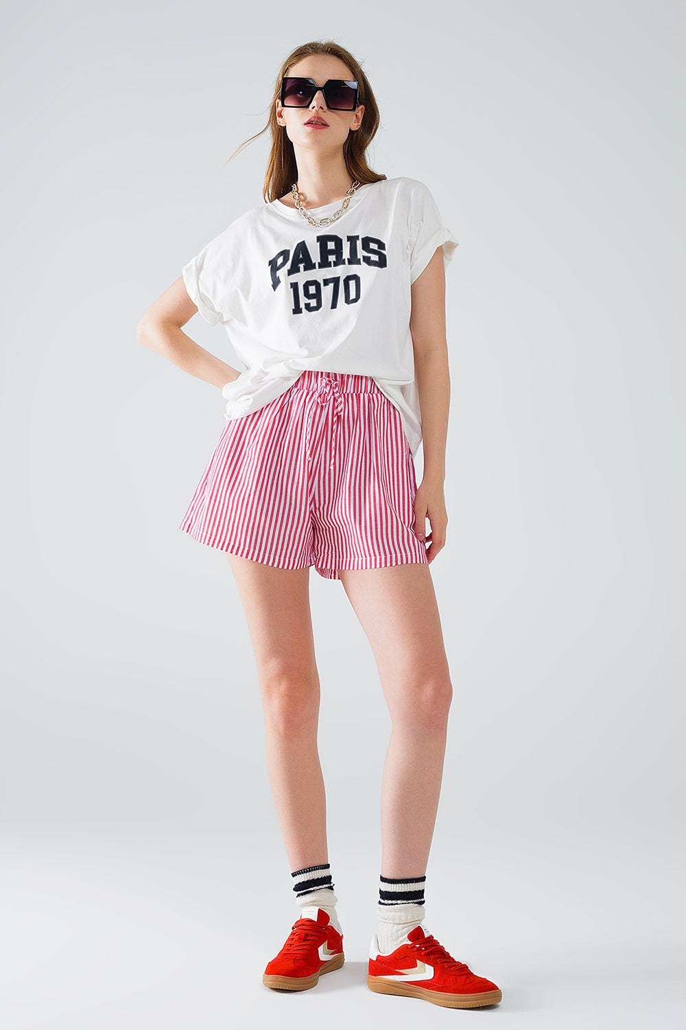 Red Striped Shorts with Elastic Waist and Pockets