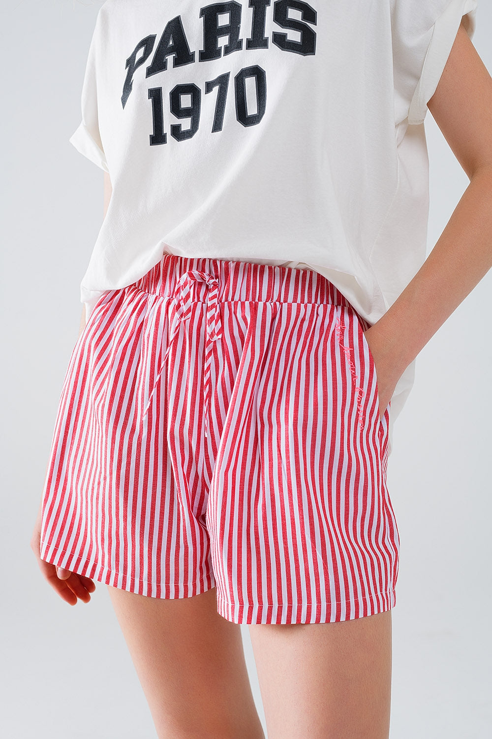 Red Striped Shorts with Elastic Waist and Pockets