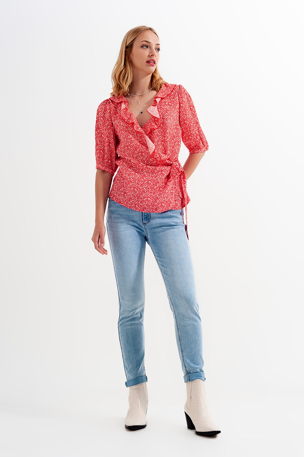 Red wrap top in clustered flower print