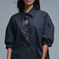 Q2 Relaxed 3/4 Sleeve Poplin Shirt With Button Detail in Black