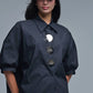 Relaxed 3/4 Sleeve Poplin Shirt With Button Detail in Black