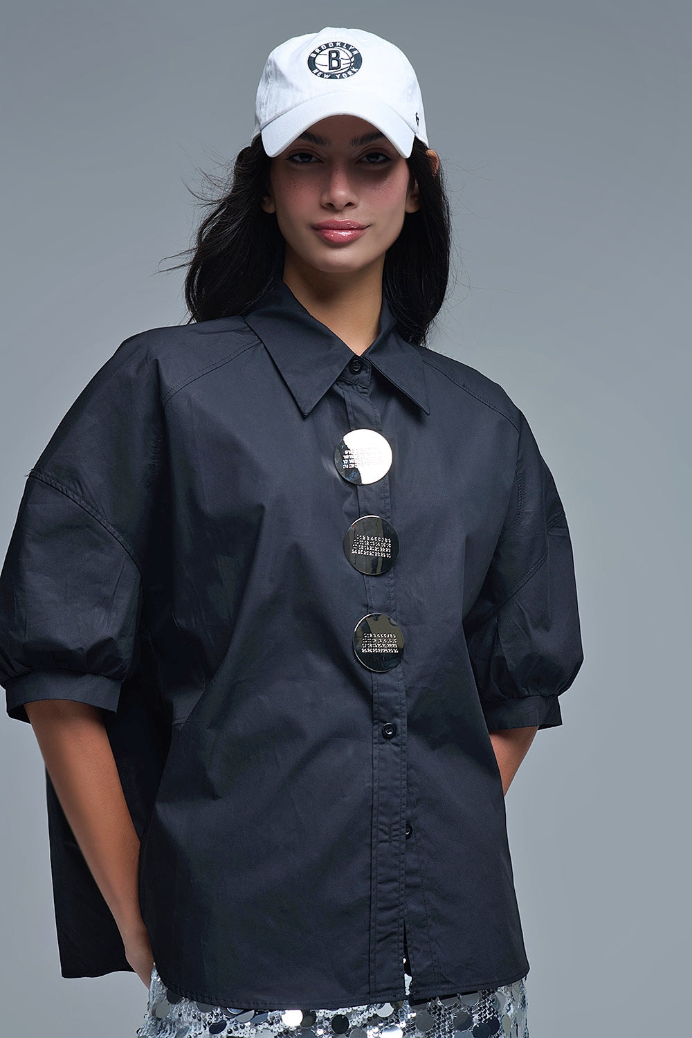 Relaxed 3/4 Sleeve Poplin Shirt With Button Detail in Black