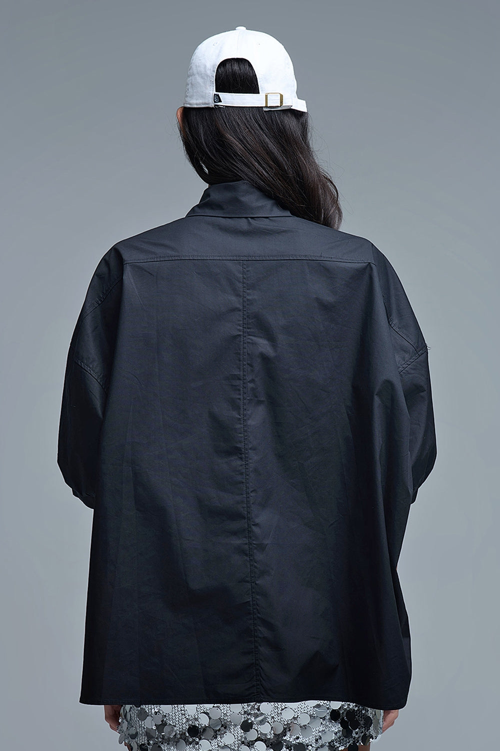 Relaxed 3/4 Sleeve Poplin Shirt With Button Detail in Black