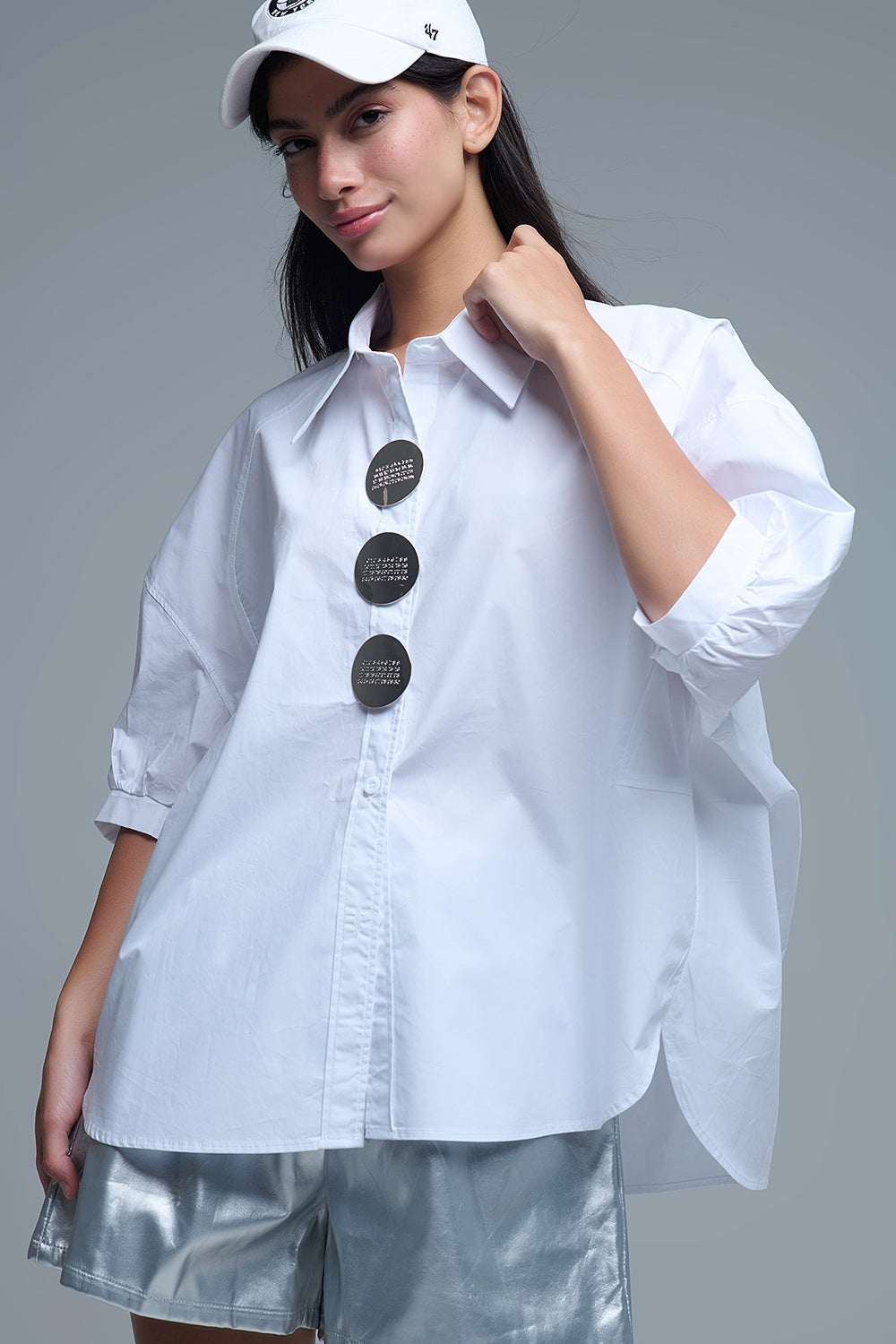 Relaxed 3/4 Sleeve Poplin Shirt With Button Detail in White