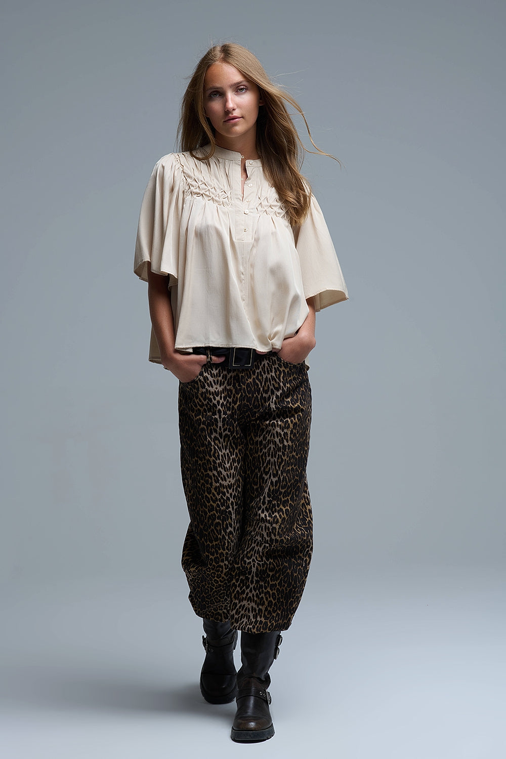 Relaxed Beige boho-style blouse with embroidered details