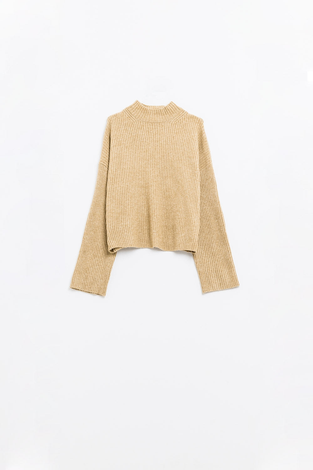 Q2 relaxed beige ribbed high neck sweater