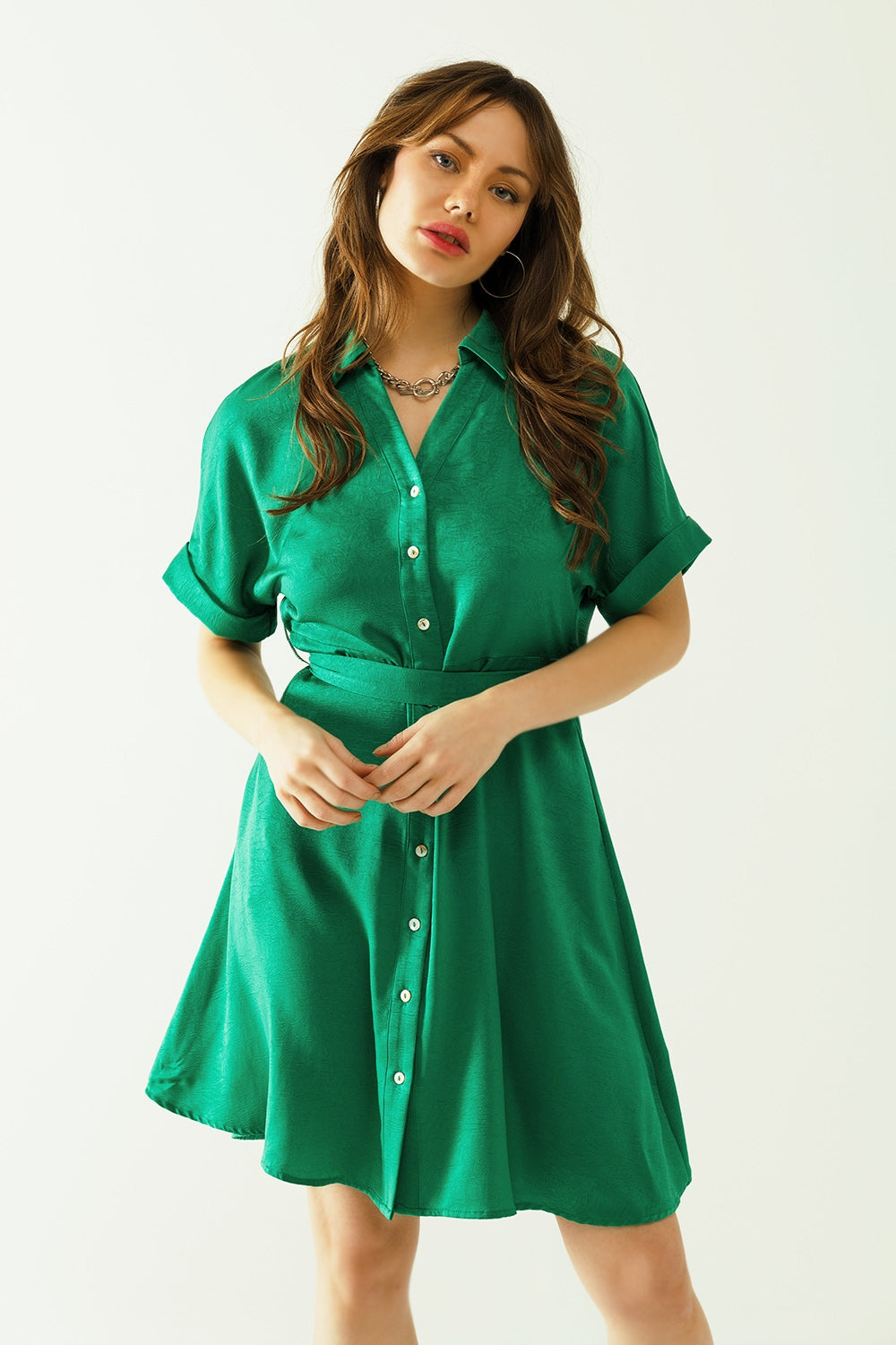 Q2 Relaxed belted mini dress with button placked down the front in green