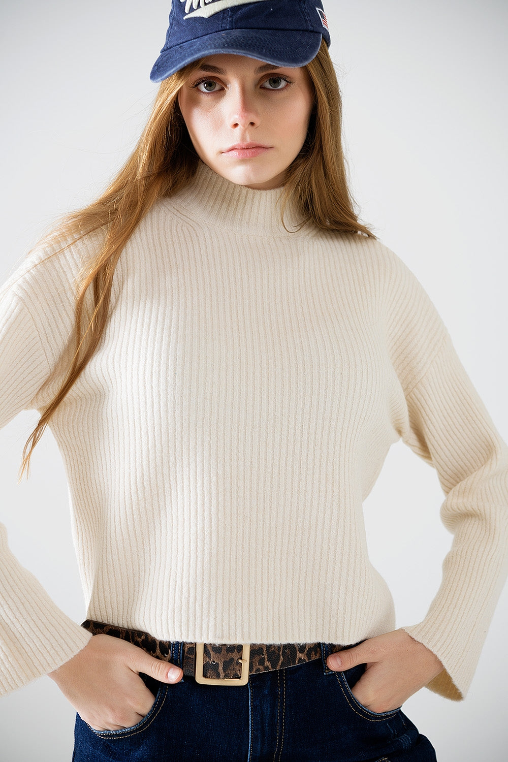 Q2 relaxed cream ribbed high neck sweater