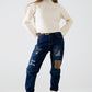 relaxed cream ribbed high neck sweater