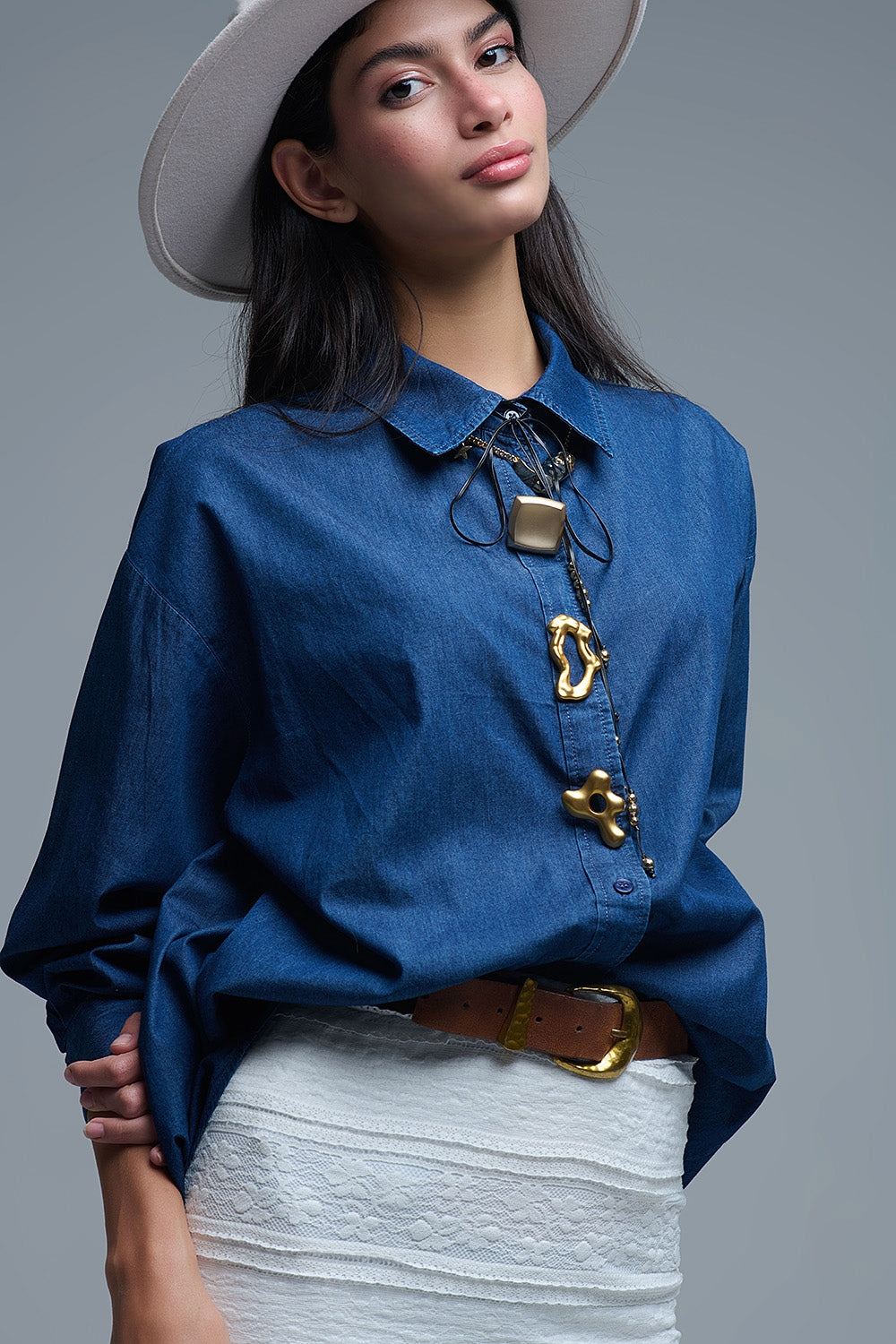 Q2 Relaxed Denim Shirt With Gold Abstract Buttons
